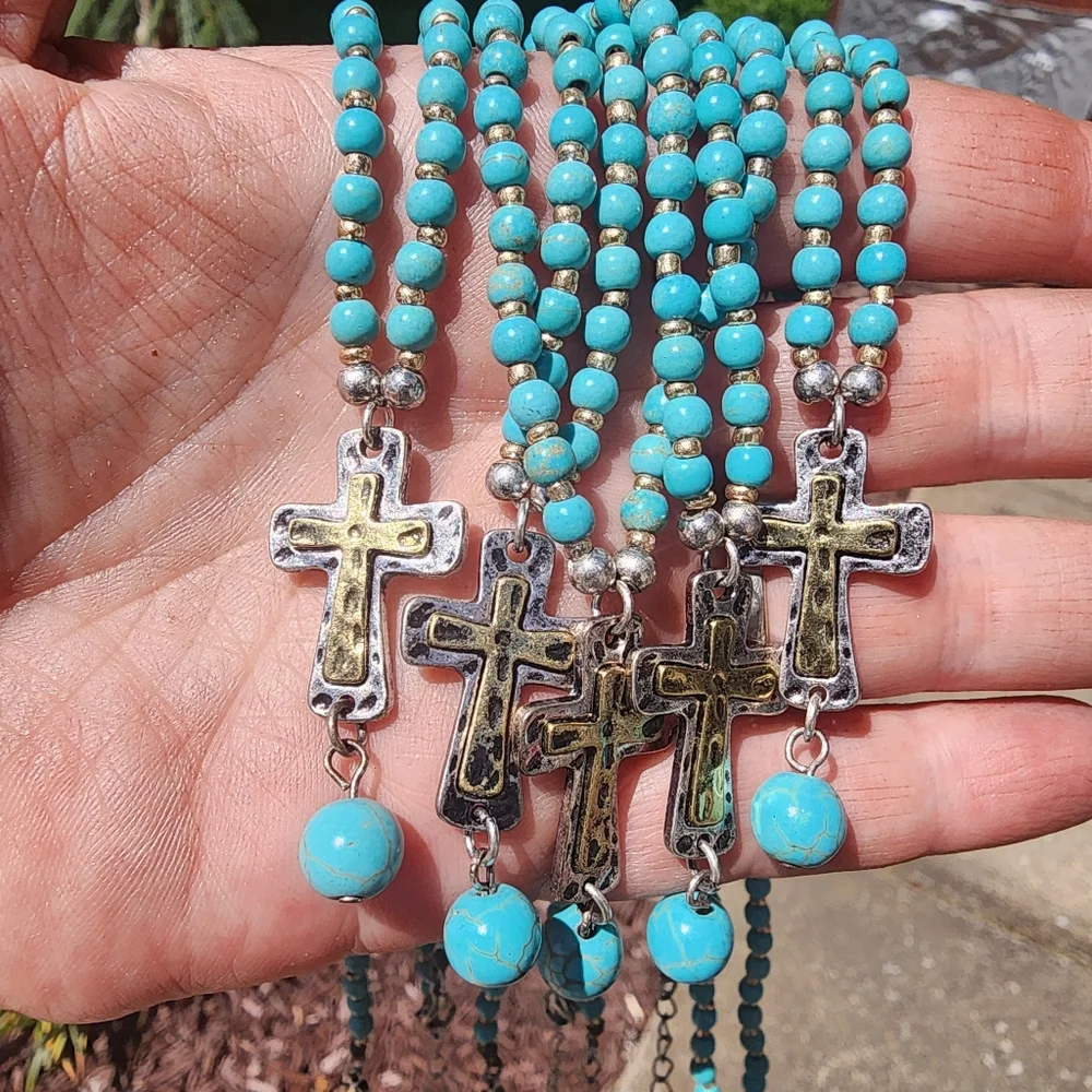 Bundle lot fashion costume jewelry 5 necklaces w cross pendant turquoise color - Picture 4 of 6